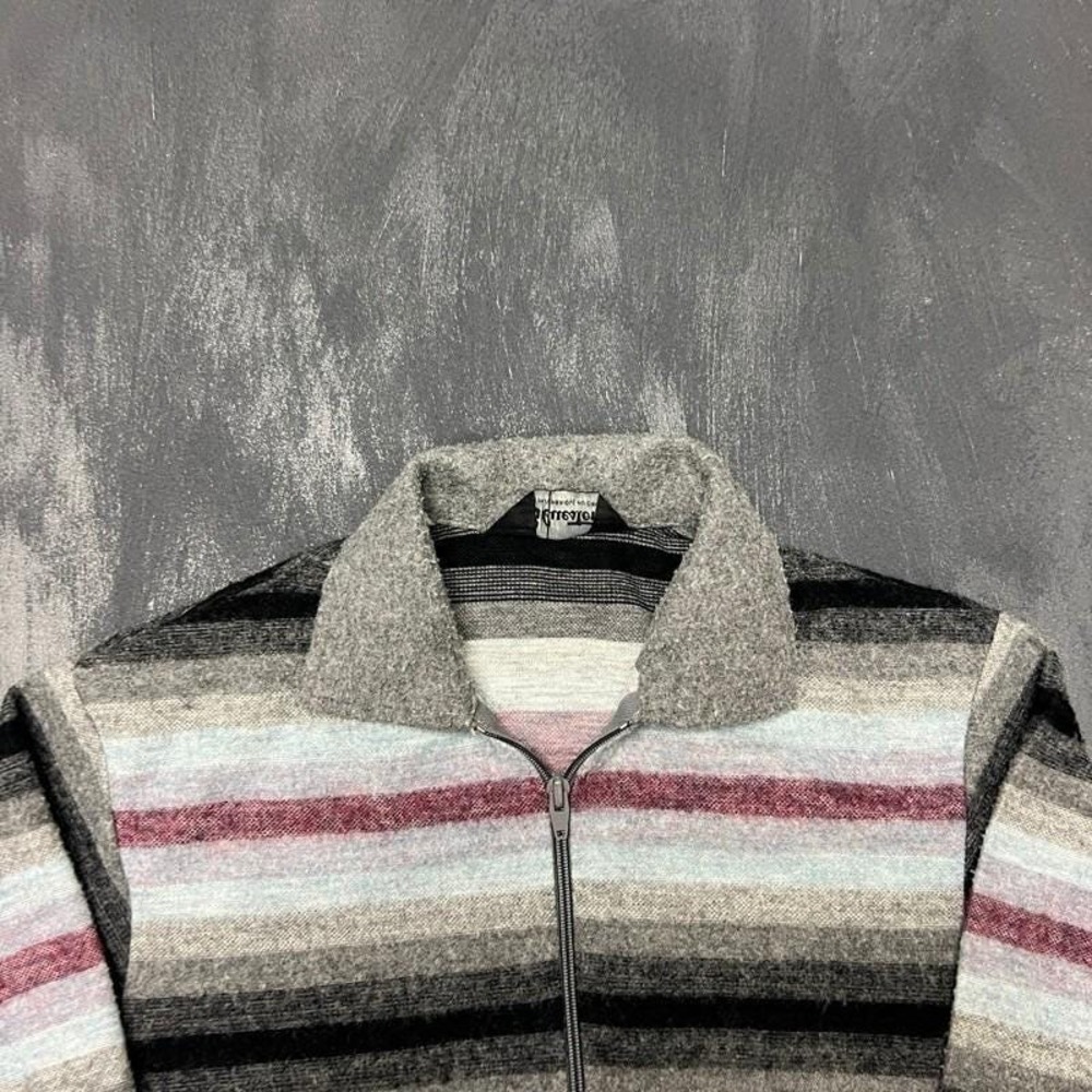 Vintage Striped Zip Up Sweater Medium Gray 1970s Fuzzy - Picture 2 of 7